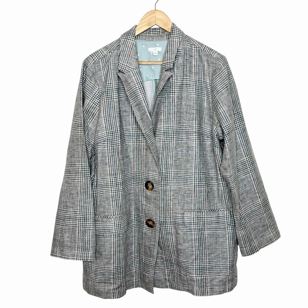 J Jill Oversized Plaid Blazer Gray Blue Womens Size L Linen Blend Career Preppy